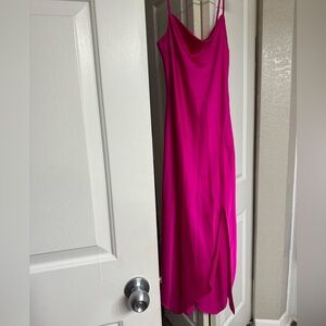 Express Conscious Edit Satin Cowl Neck Asymmetrical Hem Maxi